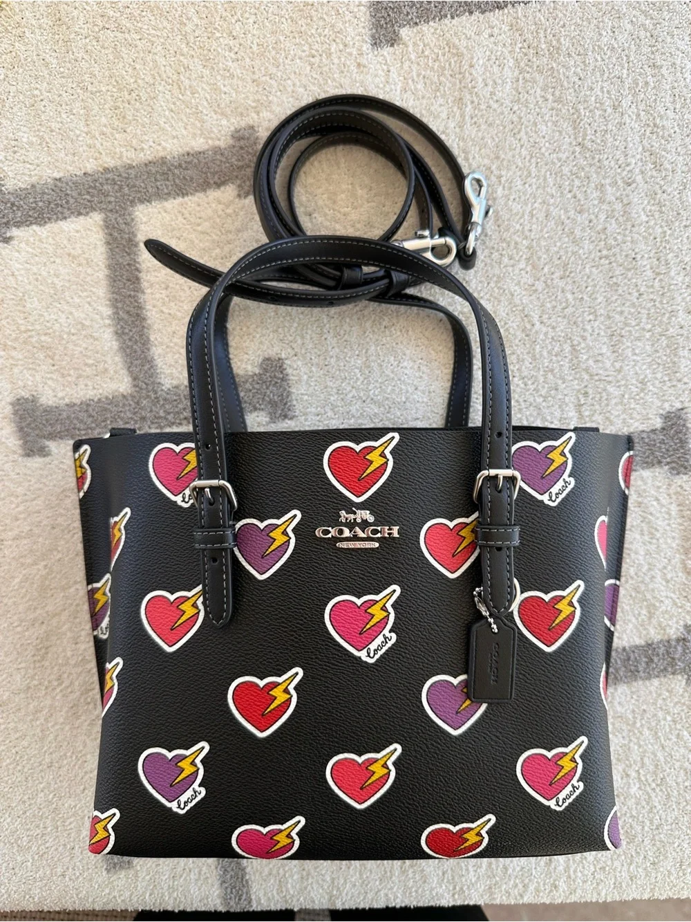 Coach Black Leather Tote with Colorful Heart & Lightning Motif